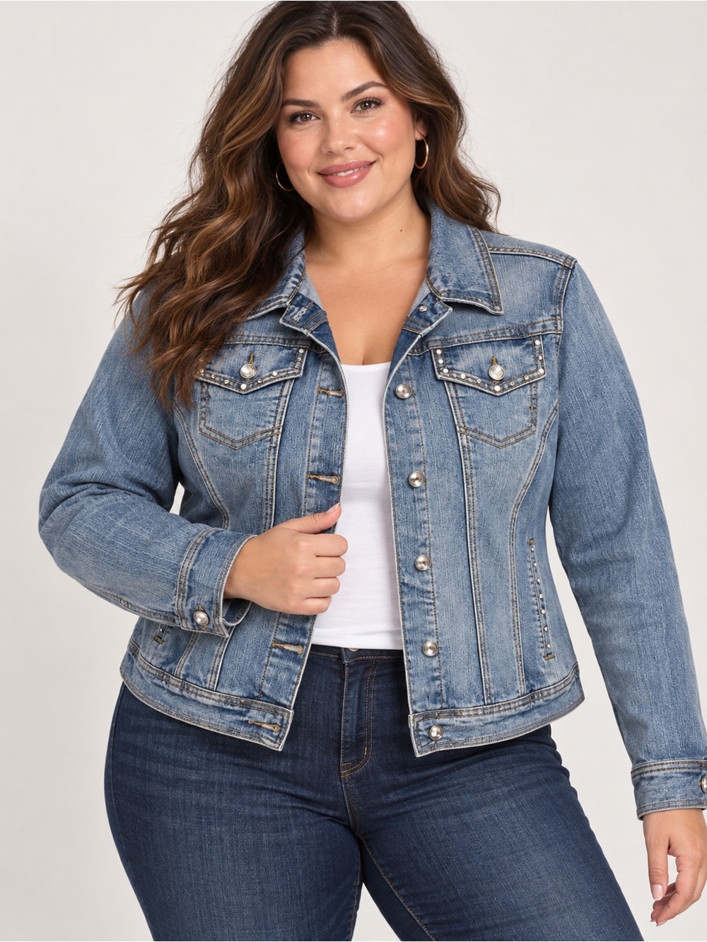 Women's Light Blue Denim Jacket with Rhinestone Buttons